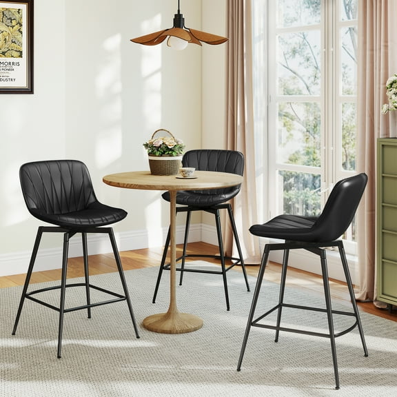 RTVR 30" Swivel Upholstered Bar Stools Set of 3 with Back & Footrest, Counter Height Bar Chairs for Kitchen Island, Faux Leather in Black