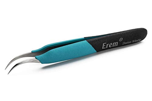 erem e7sa stainless steel curved micro point anti magnetic ergonomic tweezer, 5" overall length