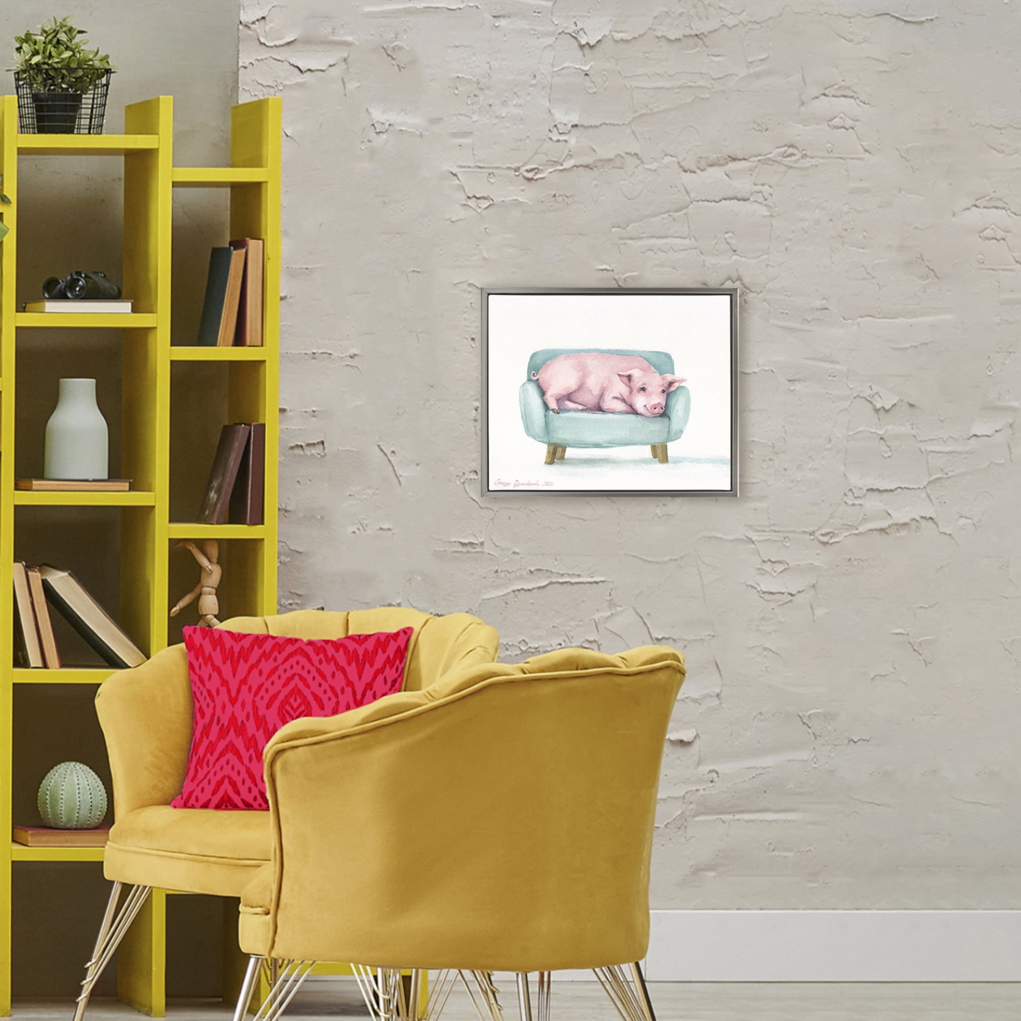 Stupell Industries Cute Piglet on Armchair Gray Framed Floater Canvas Wall Art, design by George Dyachenko