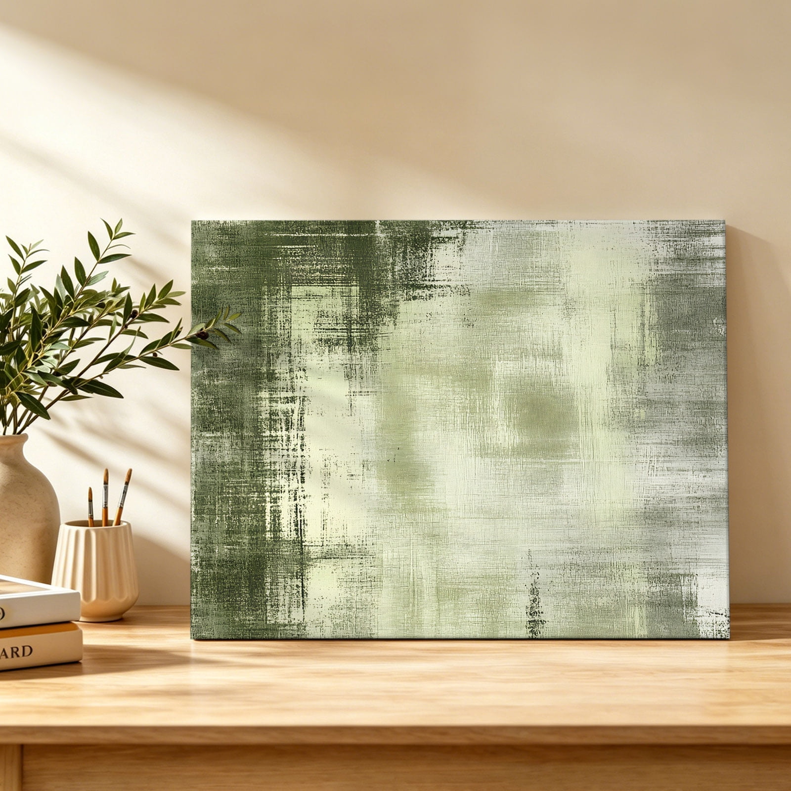 Abstract Art Canvas Wall Art Retro Green Collage Oil Painting Texture Wall Art Prints Artwork Framed Canvas Ready to Hang Art Pictures for Dining Room Bedroom Study Lounge Nook 18 x 12
