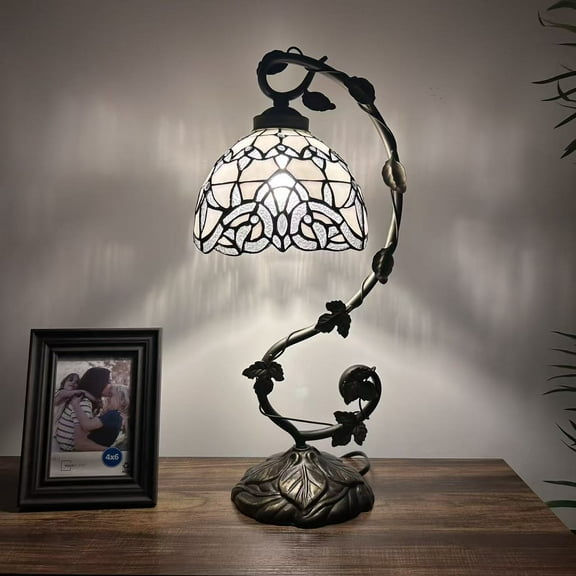 Tiffany Style Table Lamp Stained Glass White Baroque Style Lavender Iron Metal Leaves Bronze Base Bedroom Living Room Hotel Office Vintage 21"H*11"W