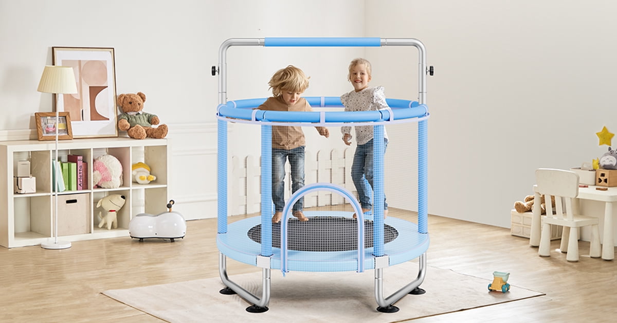 KFFKFF 55" Child's Trampoline, 4.6FT for Indoor and Outdoor Use, Petite Trampoline for Toddlers with Protective Mesh and Basketball Ring, Ideal Birthday and Christmas Presents for Kids Aged 3