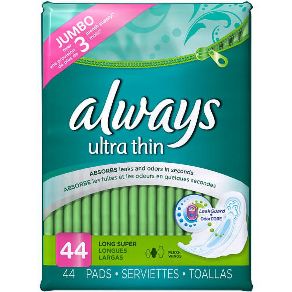 Always Ultra Thin Pads with Wings, Long, Super, 44 Count