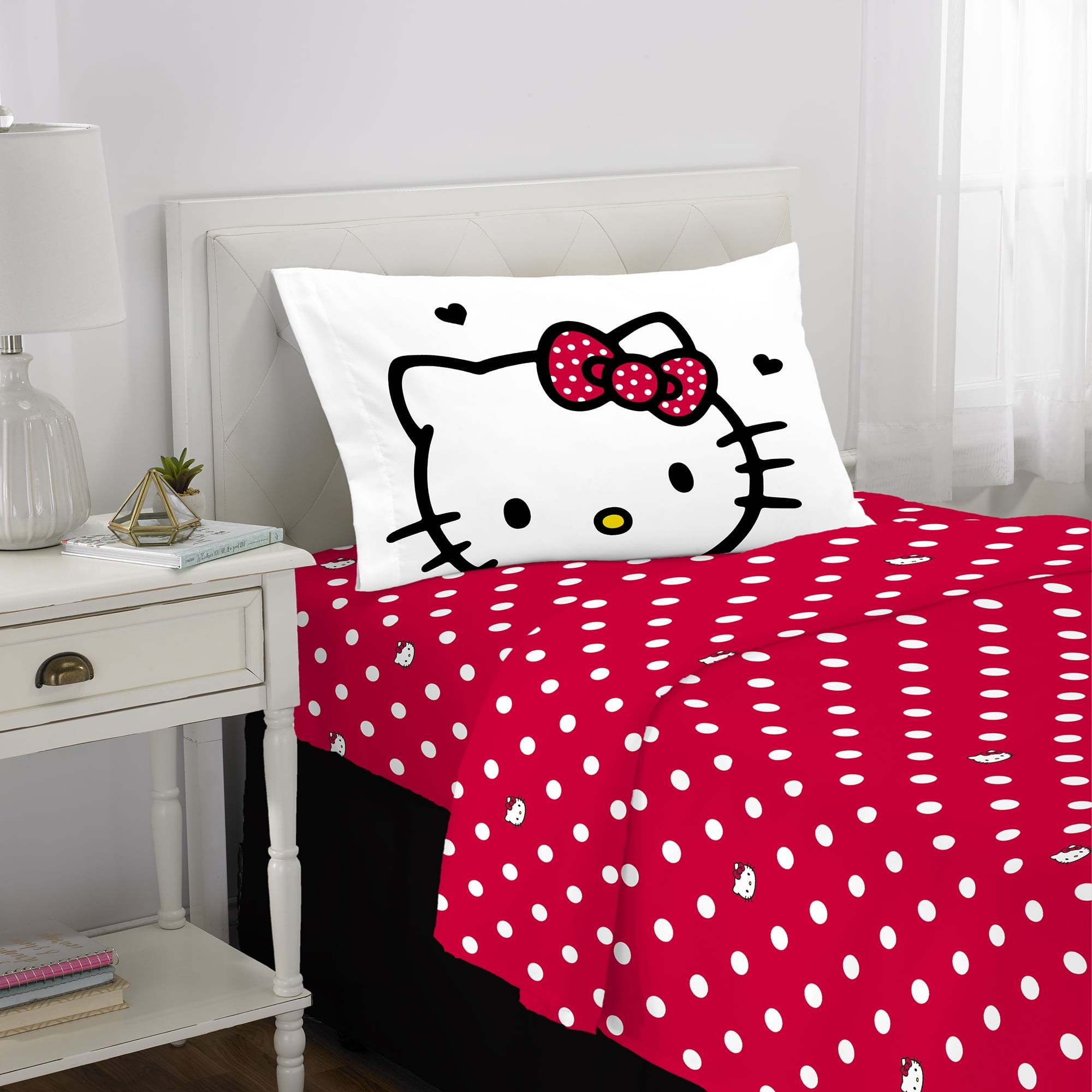 Hello Kitty Kids 3 Piece Red White Polka Dots Sheet Set, Twin