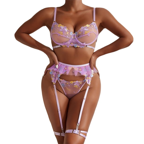 Gibobby Conjunto de lencería Ropa Interior Sexy con Cuello En V para Mujer, Lencería Sexy, Ropa Interior con Cordón Sin Espalda De Lencería(Morado, CH)