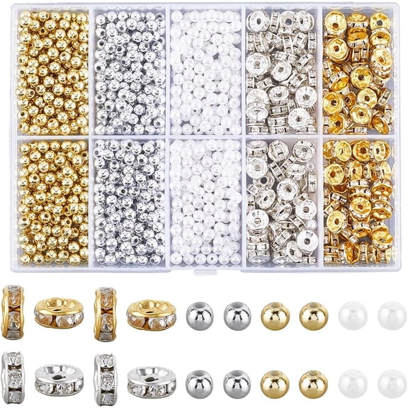 1 Box 1100Pcs Rhinestone Rondelle Spacer Beads Bulk Plastic Beads Imitation Pearl Smooth Gold Silver Round Loose Bead Spacers for Bracelets Beading Necklaces Jewelry Making DIY Crafts