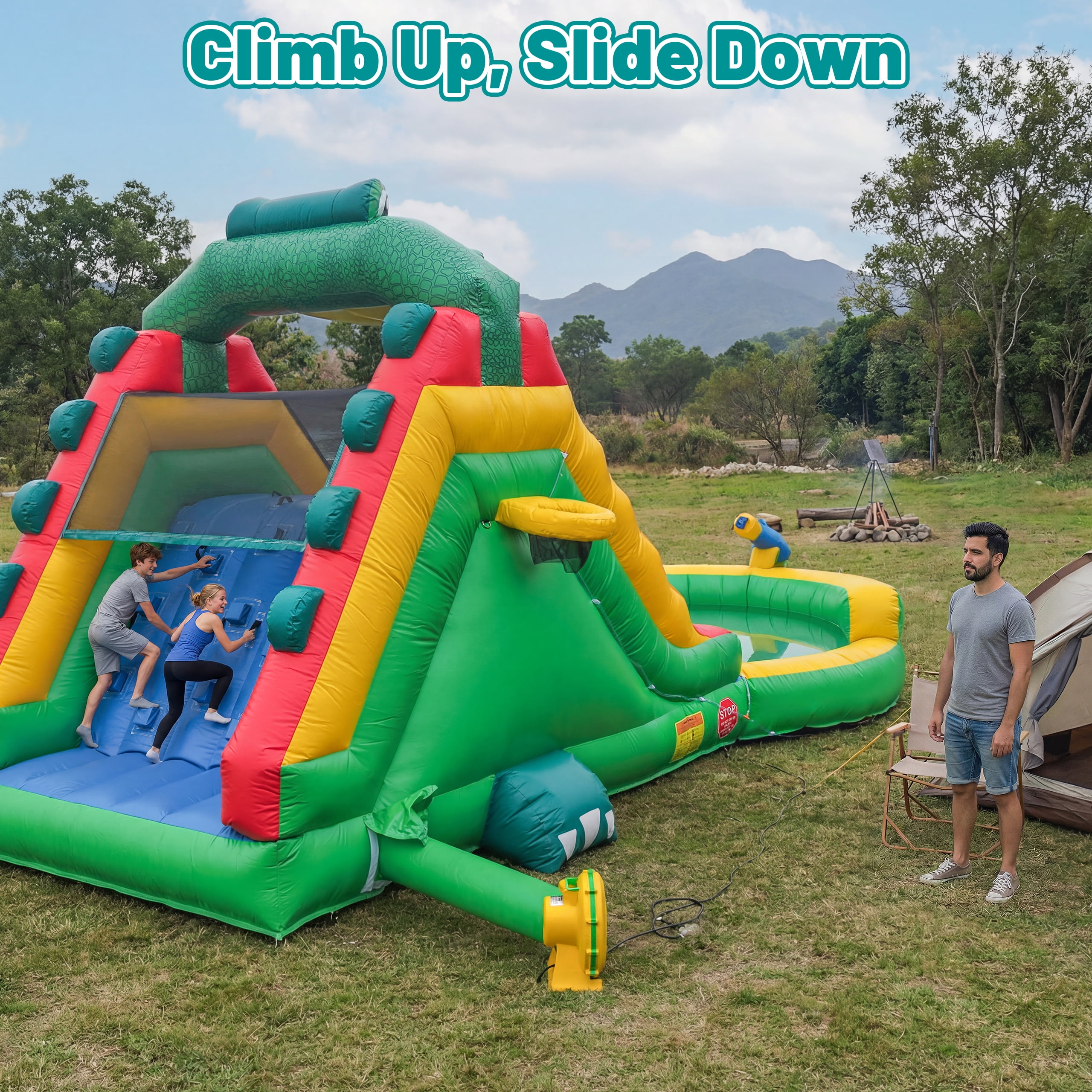 Inflatable Commercial Grade Water Slide: 22.5 ft (L) for Adults & Teenagers - Large Pool, Premium PVC, 1100W Blower, Crocodile Style - for Backyard Party Outdoor