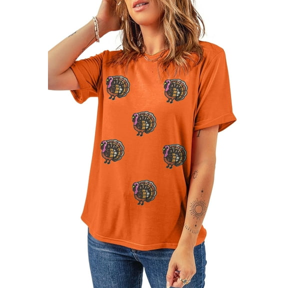 Women's Orange Thanksgiving Turkey Sequin Graphic T-Shirt – Casual Style for Festive Celebrations | 2XL