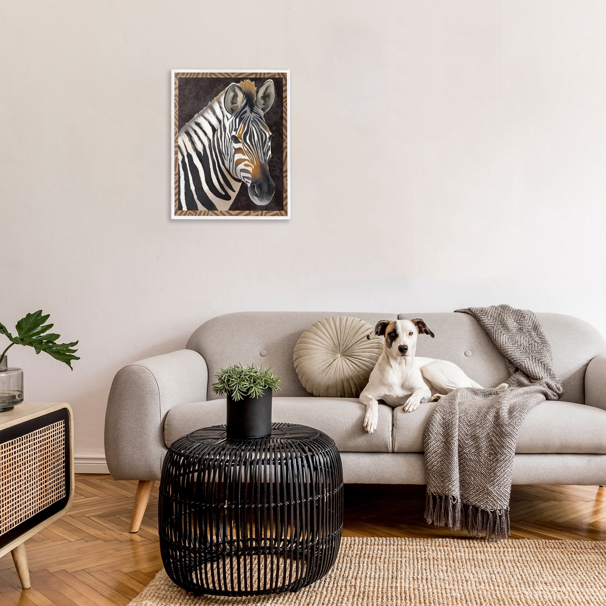 Stupell Industries Zebra with Geometric Border Animals & Insects Painting White Framed Art Print Wall Art, 24 x 30
