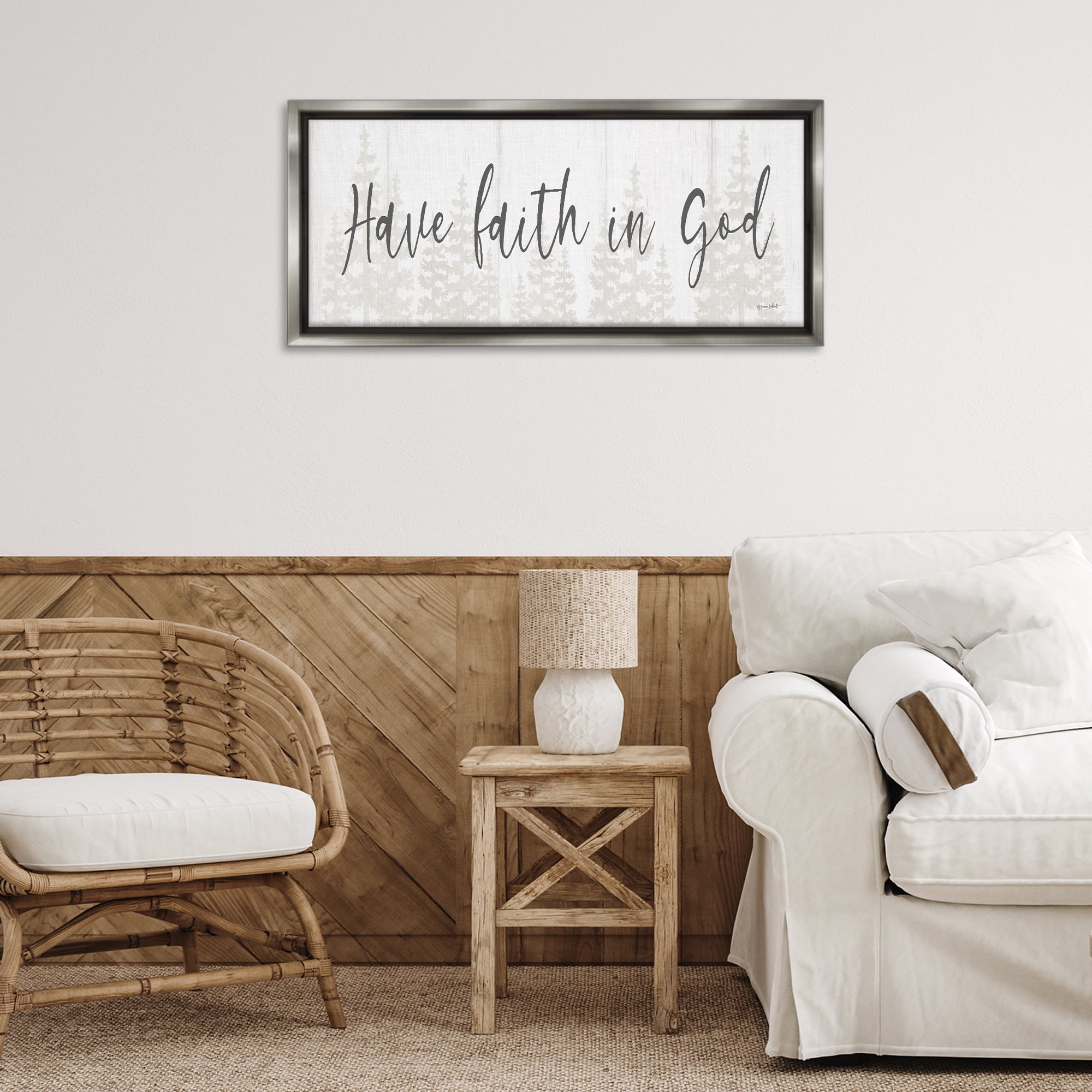 Stupell Industries Faith In God Phrase Religious Painting Gray Floater Framed Art Print Wall Art, 31 x 14