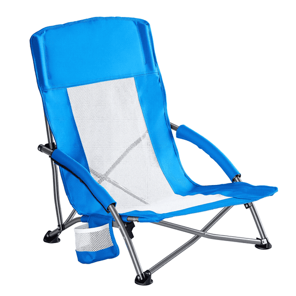 Blazezo Low Beach Chair for Adults, Folding Camping Chair with Breathable Mesh Back, Padded Armrests, Extra Wide Seat, Cup Holder & Storage Pocket, Lightweight for Camping, Picnic