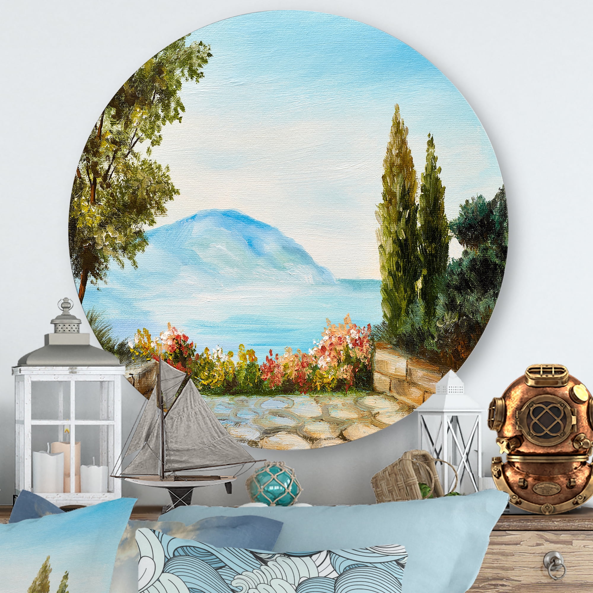 Beautiful Mountains View By The Sea Side 11 in x 11 in Painting Art Prints, by Designart