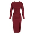 thumbnail image 5 of Njoeus Women's Elegant Long Sleeve Ruched Midi Dress Casual Crew Neck Bodycon Split Cocktail Party Dresses, 5 of 7