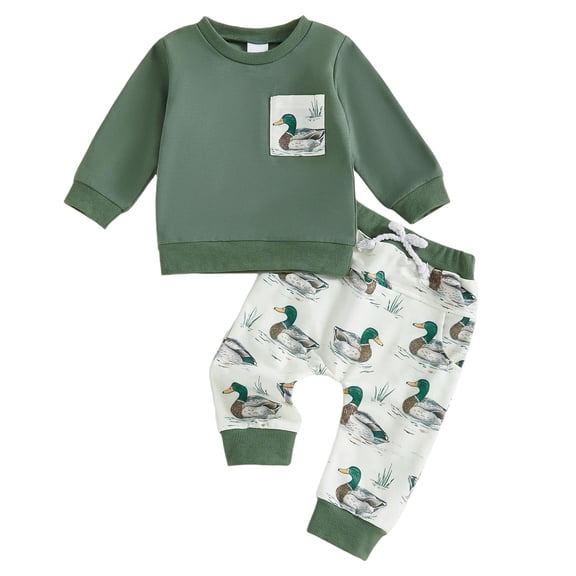 Ulanda Toddler Boy Hunting Outfit Mallard Duck Long Sleeve Sweatshirt Top Casual Pants Set Baby Duck Hunter Clothes (Green, 18-24 Months)