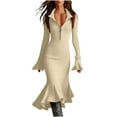 thumbnail image 1 of Pulls pour Femmes, Élégant Robe Chandail en Chiffon Uni à Manches Longues Demi-Fermeture à Glissière Évasées en Tricot Résille, Robe Maxi pour Femmes, 1 of 9