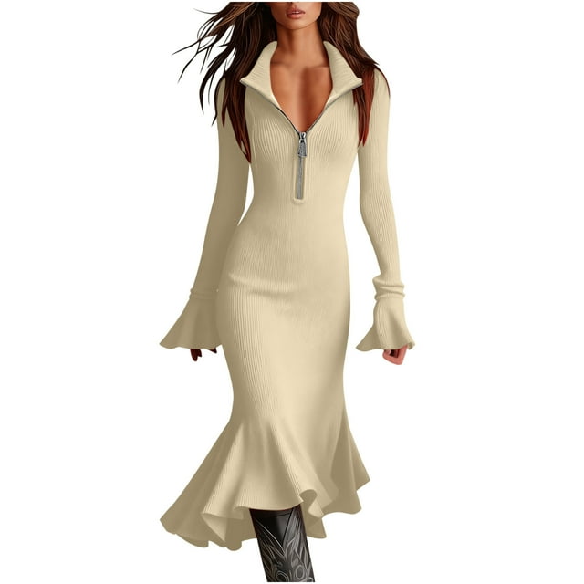 Pulls pour Femmes, Élégant Robe Chandail en Chiffon Uni à Manches Longues Demi-Fermeture à Glissière Évasées en Tricot Résille, Robe Maxi pour Femmes