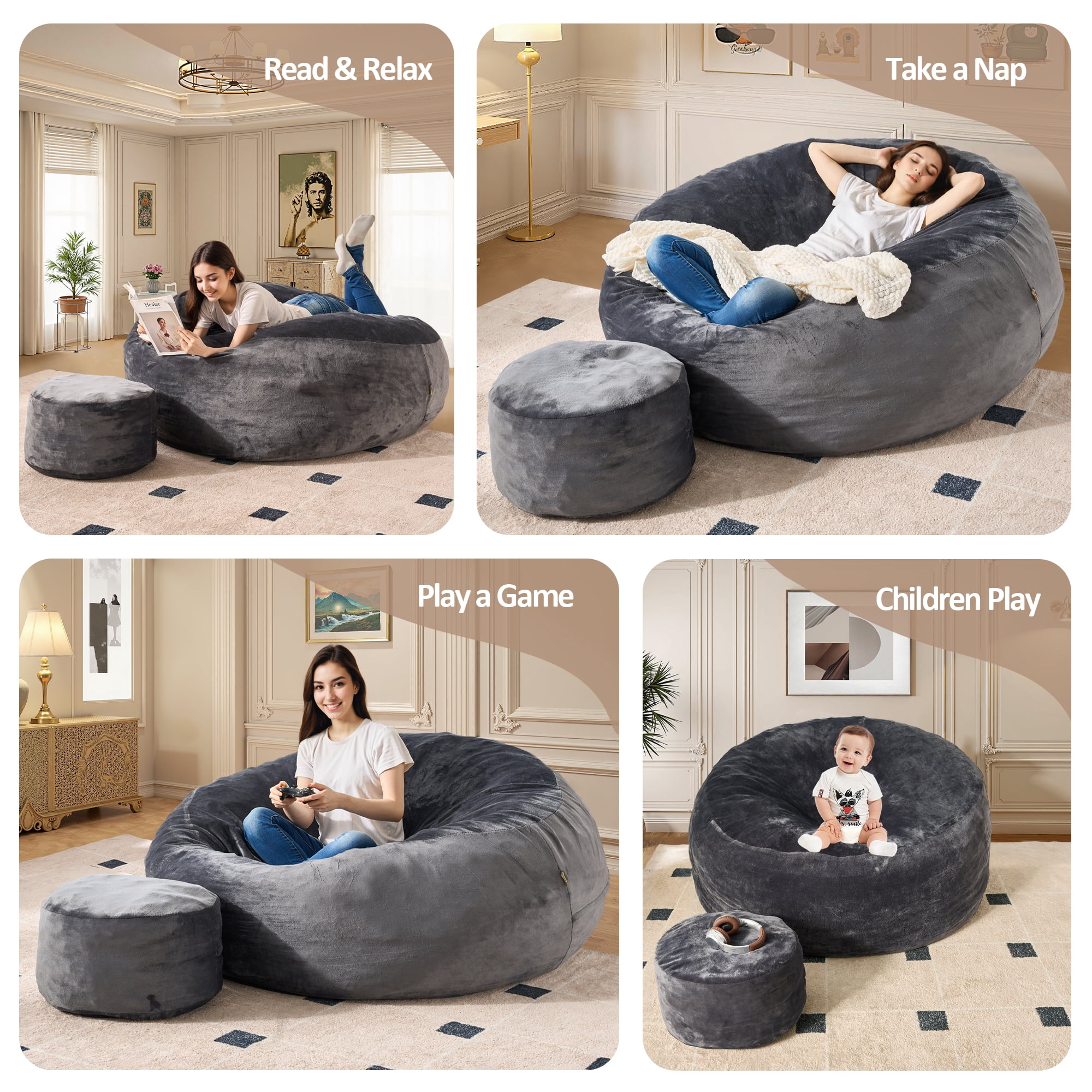 Vcatnet 59" Oversized Bean Bag Chair for Adults with Ottoman Giant Bean Bag Sofa Couch with Memory Foam Upholstered Lazy Floor Sofa for Living Room Bedroom, Dark Gray