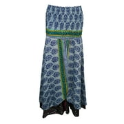 Mogul Womens Beach Dress Vintage Silk Sari Blue Printed Two Layered Maxi Skirt