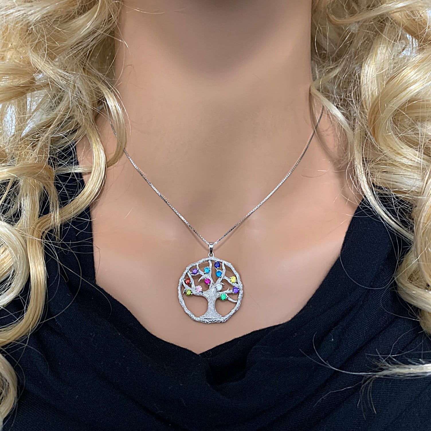 Nana Tree of Life Mothers Birthstone Necklaces for Women with 1-12 Stones- 10K White Gold Stone 1