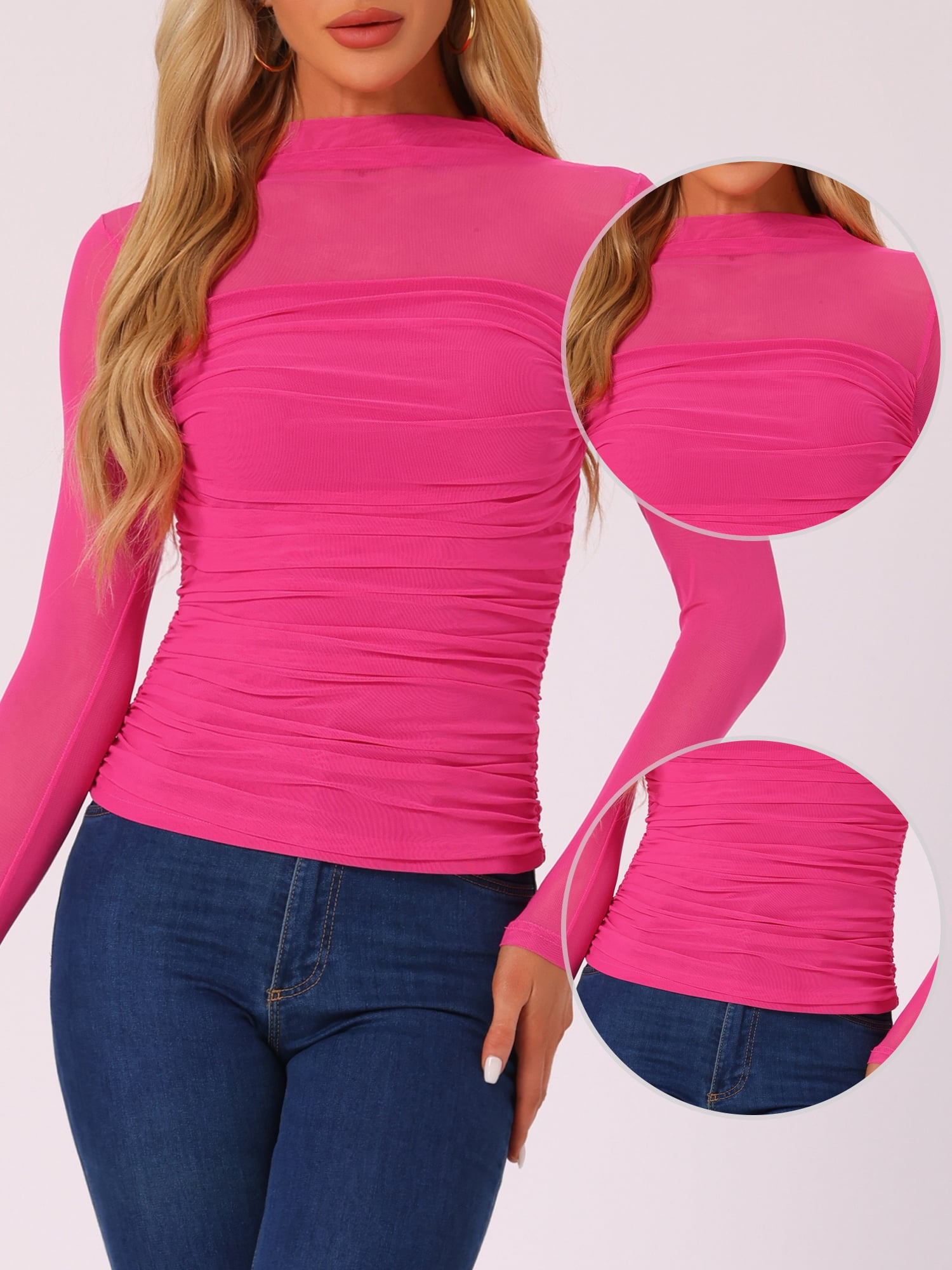 DARING DIVA Women's Sheer Panel with Side Shirring Mesh Top XS Hot Pink
