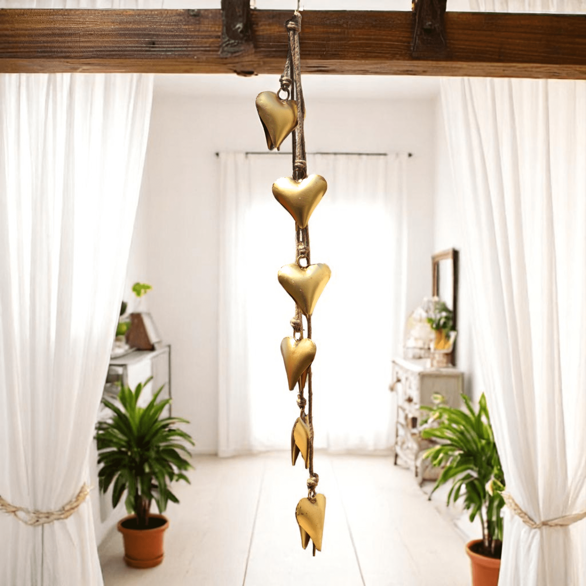 Vivanta Decorative Wind Chimes with Heart-Shaped Bells, 45 Inch, Gold Metal, Farmhouse Hanging Bell Home Decor