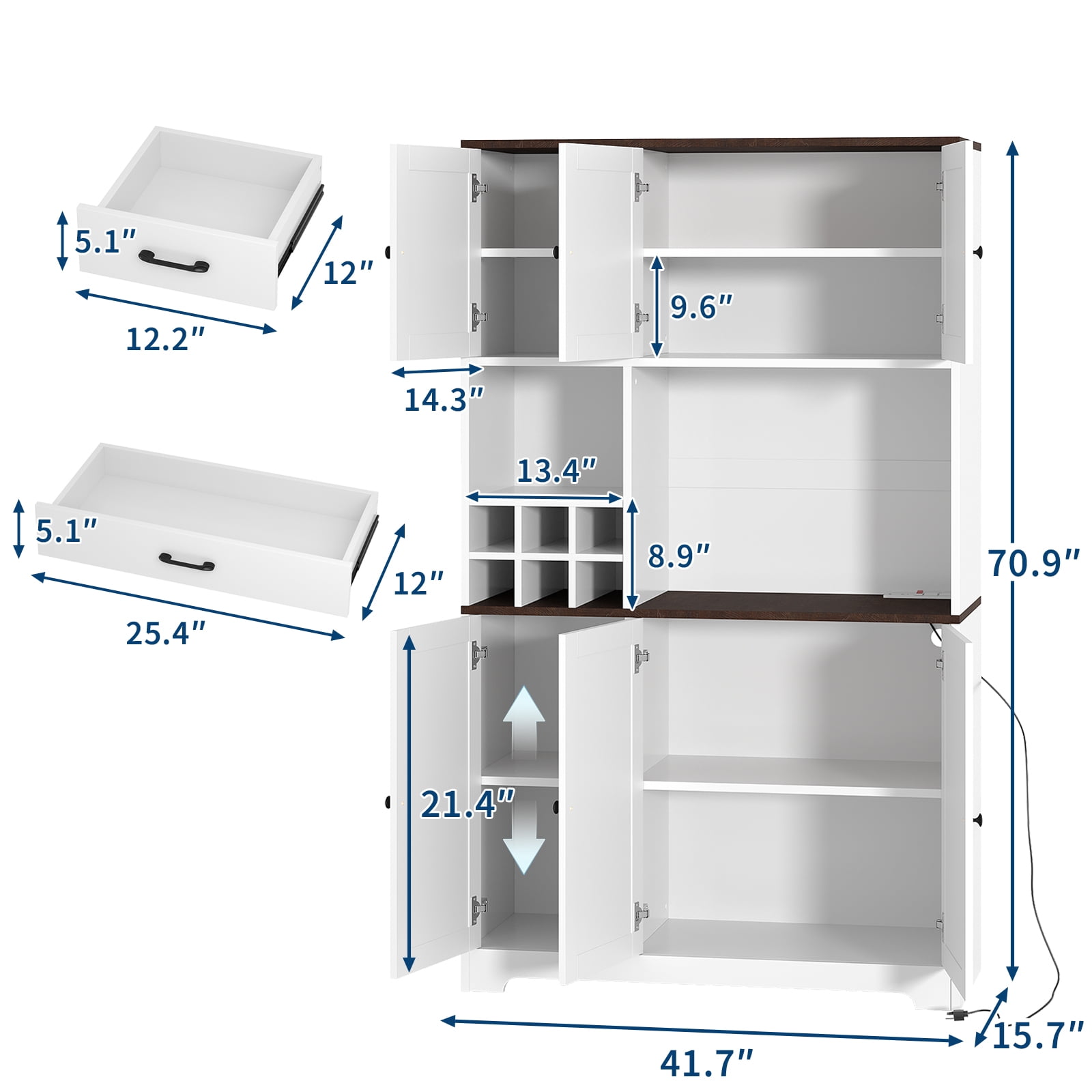 71 Inch Tall White Kitchen Pantry Cabinet, Modern Farmhouse Kitchen Hutch Storage Cabinet with Wine Rack, Freestanding Coffee Bar Station with Storage for Dining Room, Living Room