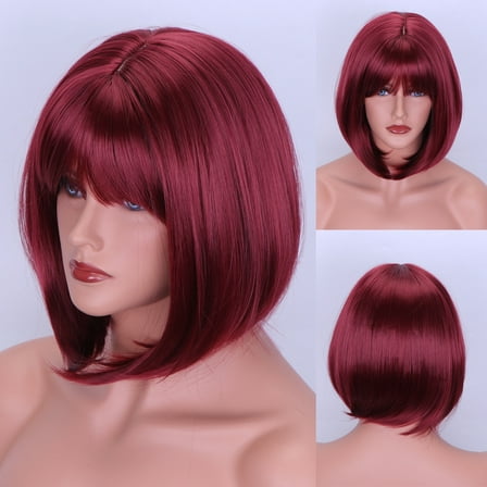 Zhuge Short Straight Bob Wigs with Air Bangs Honey Brown Wig for Women Shoulder Length Heat Resistant Fiber Hair Wigs，Wine Red