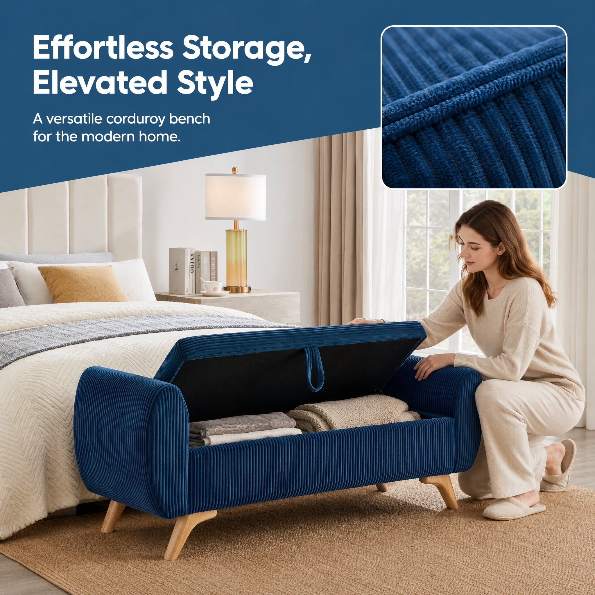 Storage Bed Bench 57 Inch, Corduroy Upholstered Bench with Flip Top Storage for Bedroom Hallway, Blue
