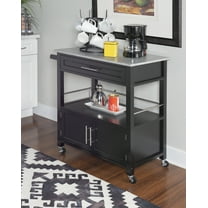 Linon Cameron Wood Granite Top Rolling Kitchen Cart Ample Storage in Black