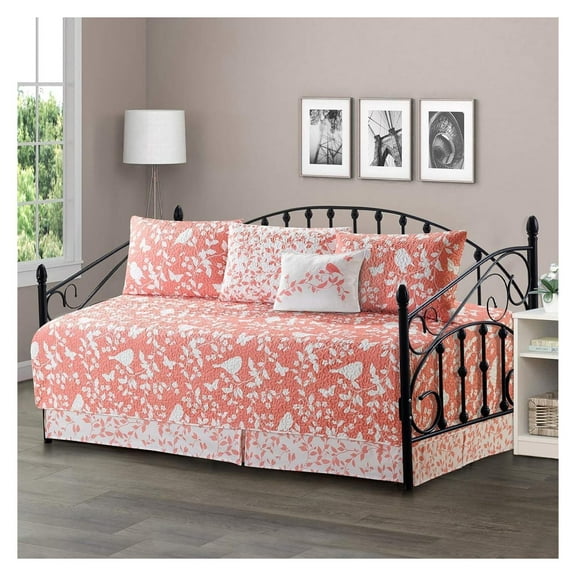 Drevy Birdsong Coral 6 Piece Quilted Daybed Bedding Cover Set with Bedskirt, Matching Pillow Shams, Decorative Pillow, 75" x 39", Soft Lightweight Coverlet Bedspread Quilts Set Daybed Size