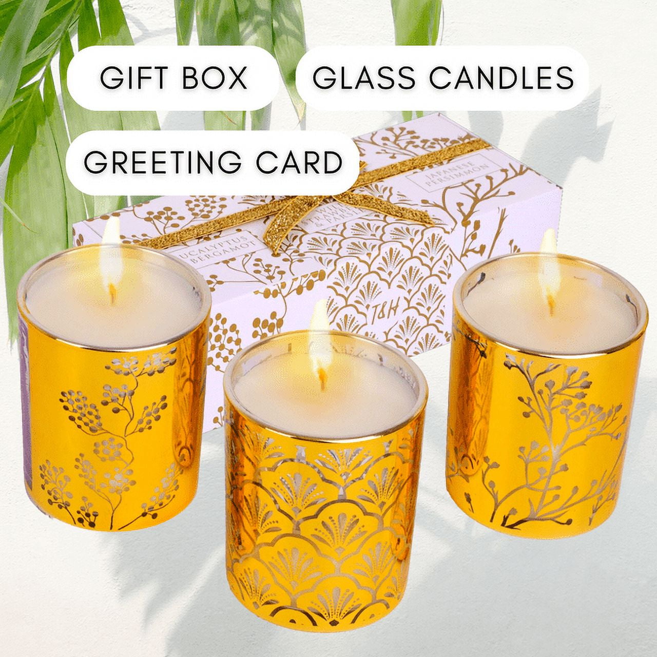 Wild Strawberry Parsley, Eucalyptus Bergamot, Japanese Persimmon Soy Wax Candle Gift Set | Aromatherapy Candle Set of 3 x 4.25 Oz Small Glass Candles, Relaxing Gift for Women, Gold Candle Party Favors