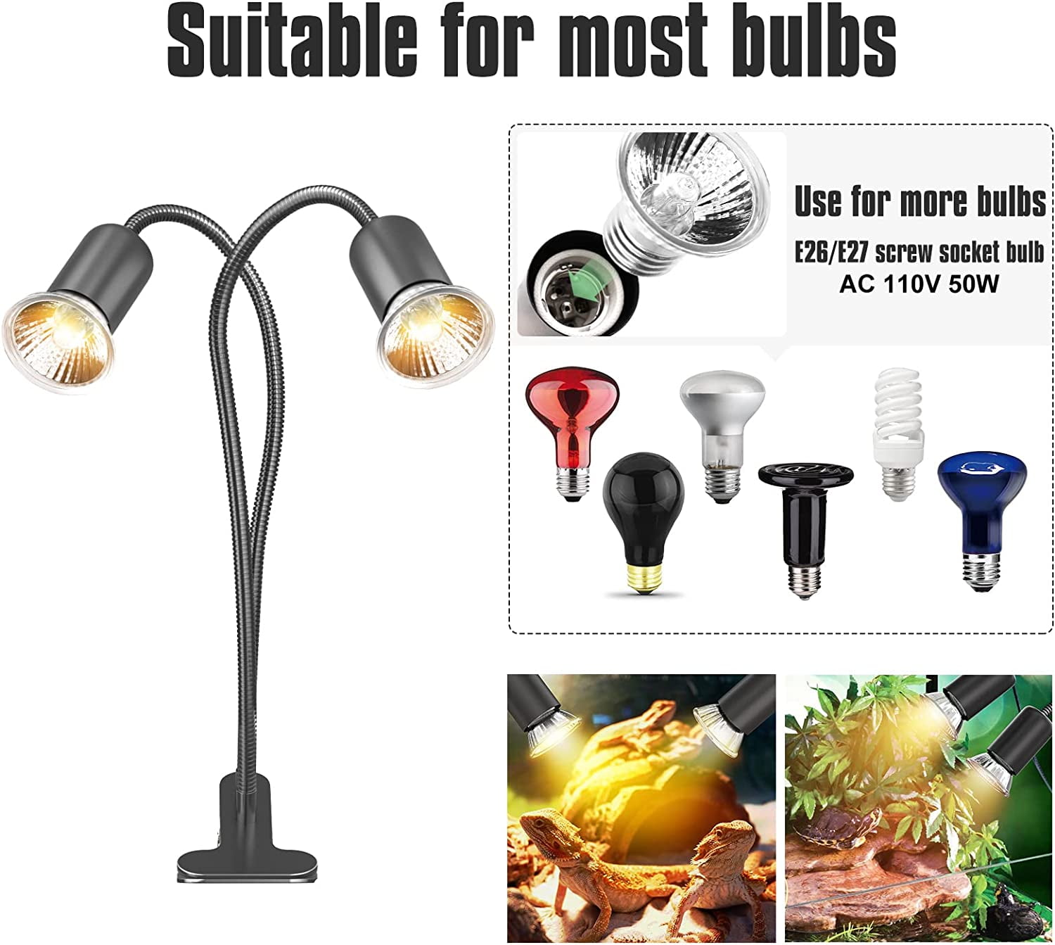 Haokaini Reptile Heat Lamp, Dual-UVA UVB Turtle Heat Lamp, 360° Dimmable Heat Lamp for Turtle Tank, Bearded Dragon Reptiles Turtle Lizard Snake