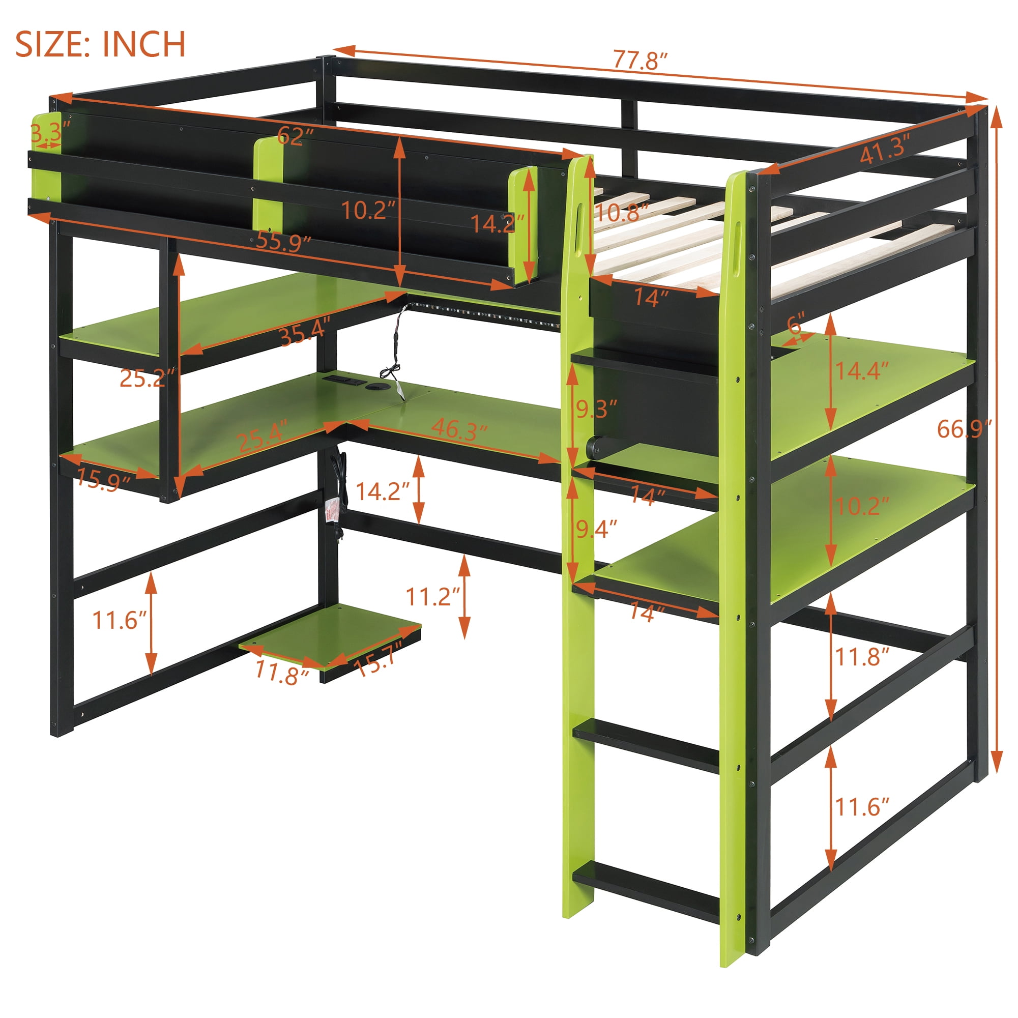 Mintazer Twin Size Gaming Loft Bed with U-Shaped Desk & LED Lights, Modern Bed Frame with Shelves & Charging Station for Dorm Bedroom Apartment, Black & Green