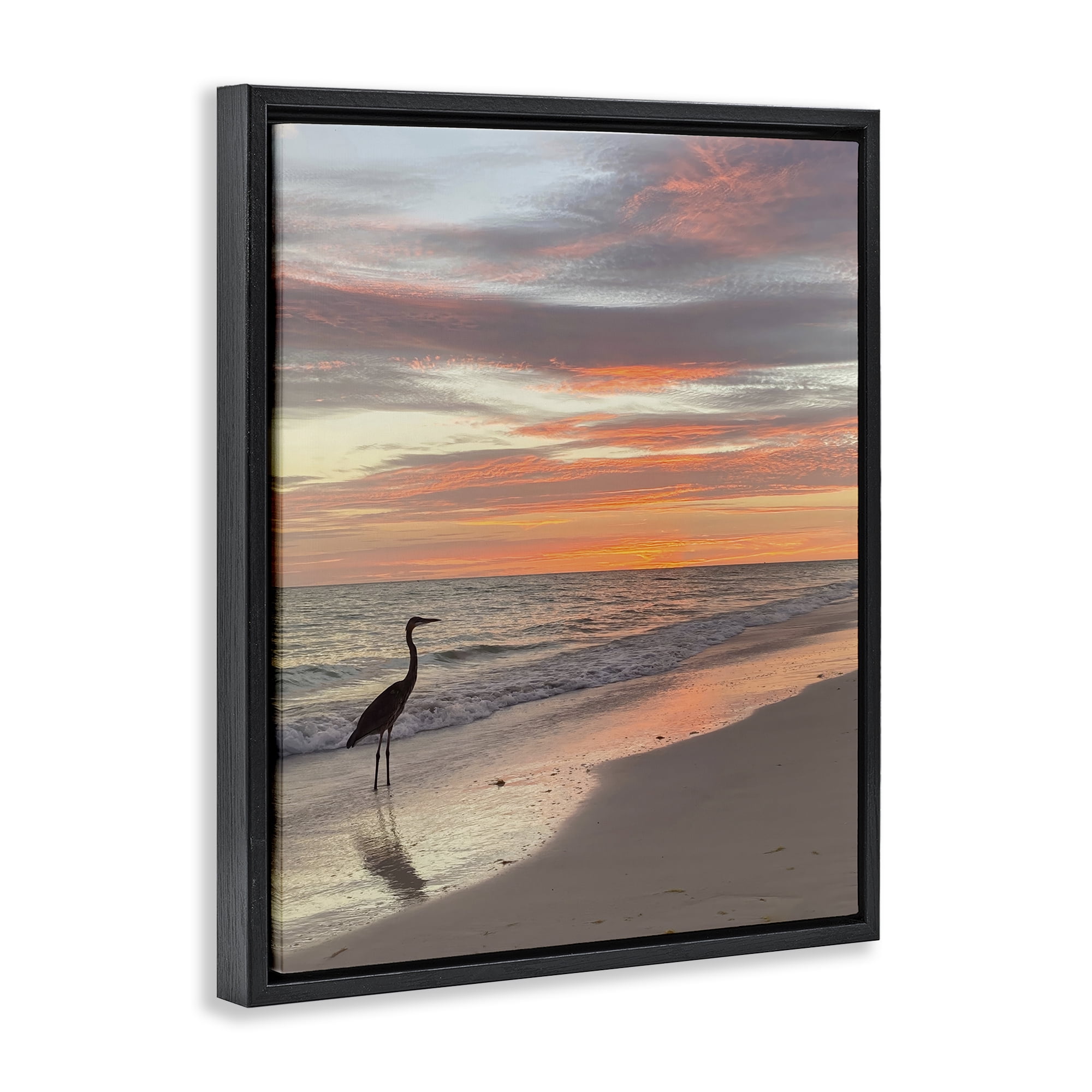 Stupell Industries Lone Egret on Beach Nautical & Beach Photography Black Floater Framed Canvas Art Print Wall Art, 17 x 21