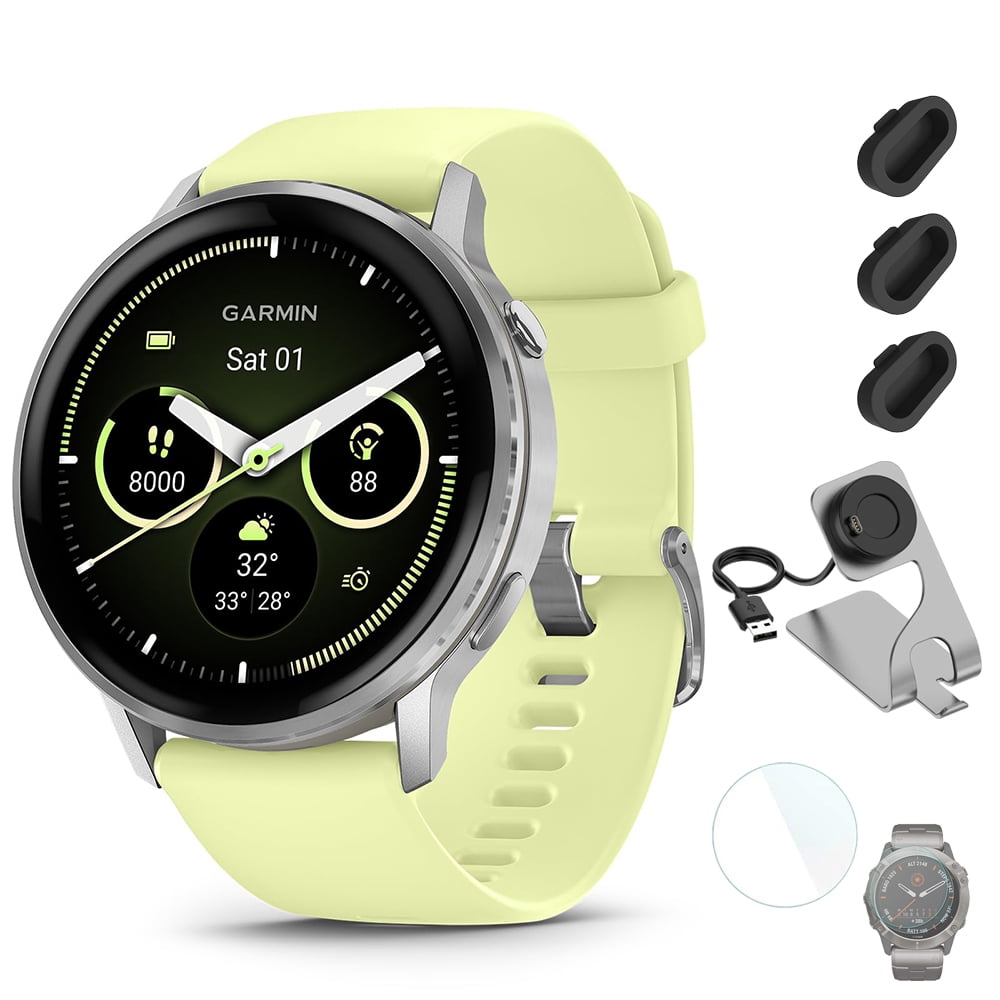 Garmin Venu 4 45mm GPS Watch Silver w/ Citron Bundle + Dock Dust Covers Screen Guards