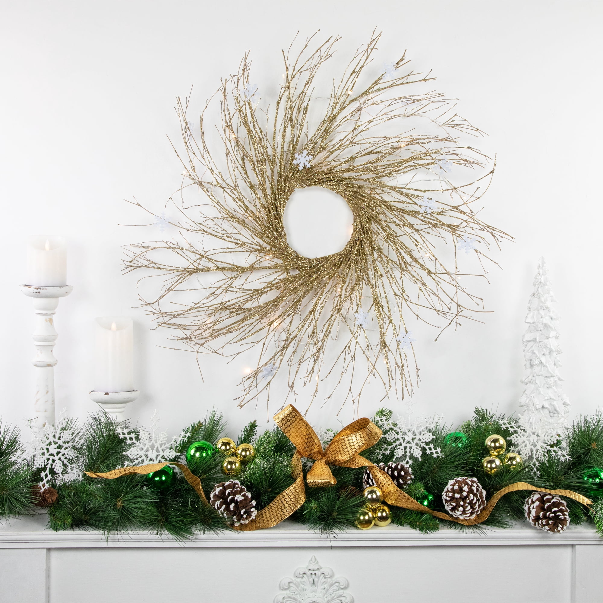 63" Pre-lit Gold Glittered Artificial Twig Christmas Wreath-Warm White LED Lights