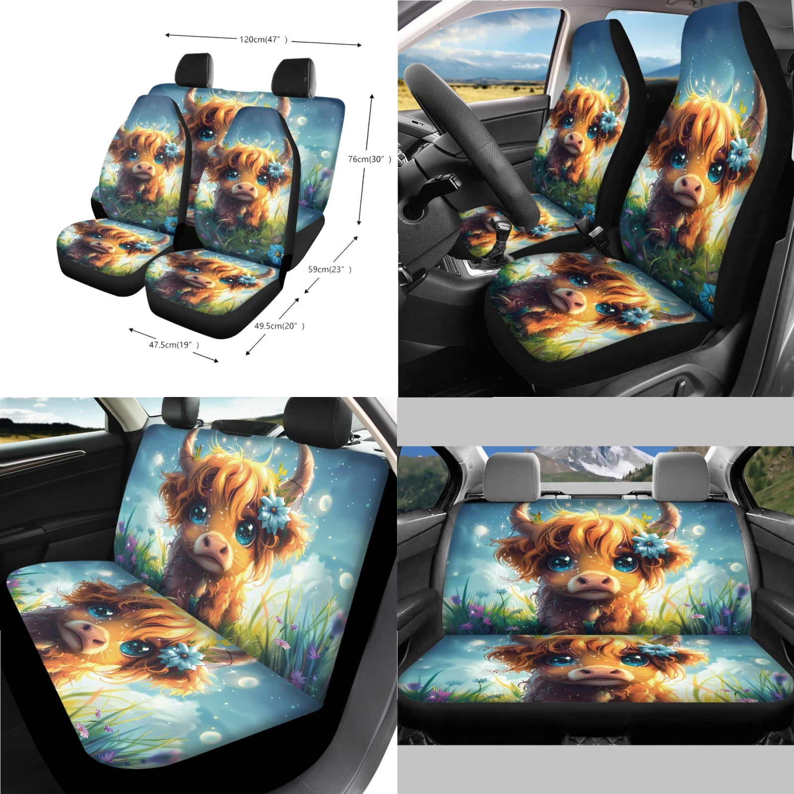 Yuyamidu Highland Cow Car Seat Covers Set 14pcs Cute Auto Seat Protector with Steering Wheel Cover Seat Belt Pads Garbage Bag Armrest Cover Handbrake Cover Set Rear View Mirror Protector Coasters