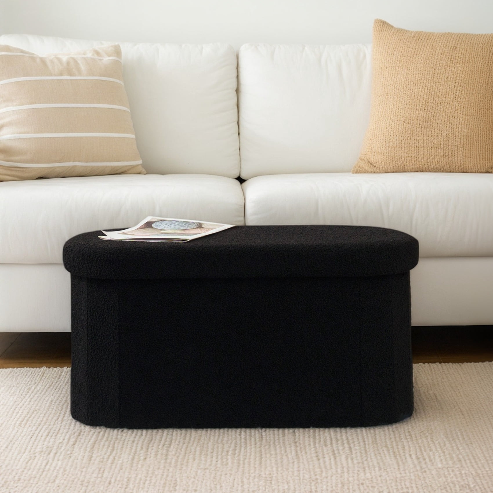 PINPLUS Storage Ottoman Bench Tufted Oval Ottoman Bench Foot Rest Velvet Bench with Storage 30" Black