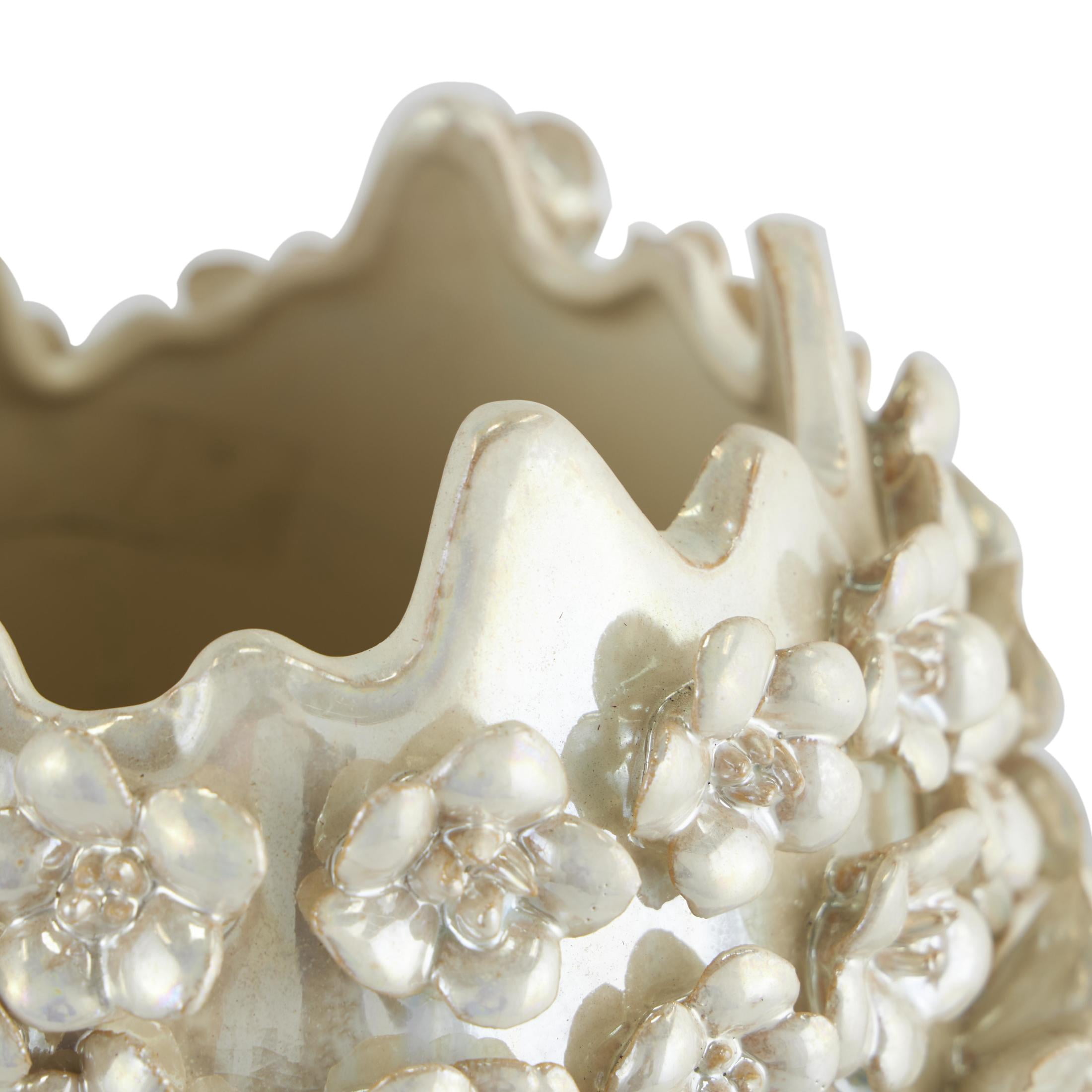 DecMode 17" Floral 3D Cream Ceramic Vase with Iridescent Glaze