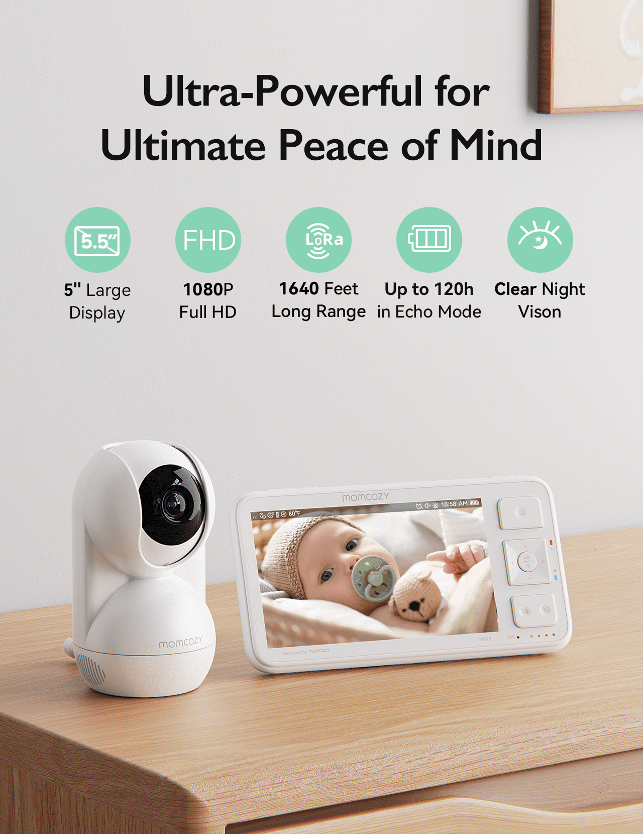 Momcozy BM03 Video Baby Monitor, 5.5" 1080P Full HD with Camera, Non-WiFi, Infrared Night Vision, Long-Range, Local Storage