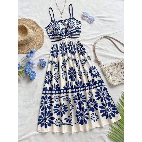 Womens M Blue Floral Print Two-Piece A-Line Midi Cami Dress With Side Cutouts And Spaghetti Straps