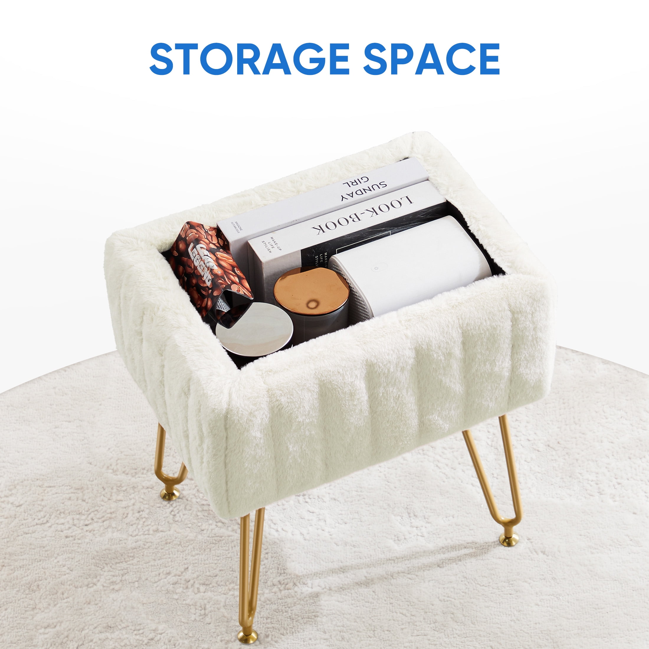 CONCETTA Vanity Stool Chair Faux Fur with Storage, Ottoman 4 Metal Legs with Anti-Slip Feet and Furry Padded Seat for Makeup, Bedroom, Entryway, White