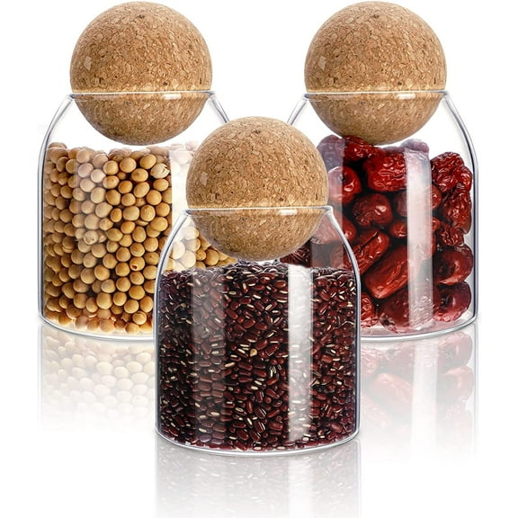 3 Pcs Cork Glass Jar Glass Bottle Sealed Jar Nut Storage Jar Coffee Bean Jar Glass Container with Ball Cork Round Glass Bottles with Cork Glass Canisters with Airtight Seal Wooden Lid (500 ML/ 17 Oz)