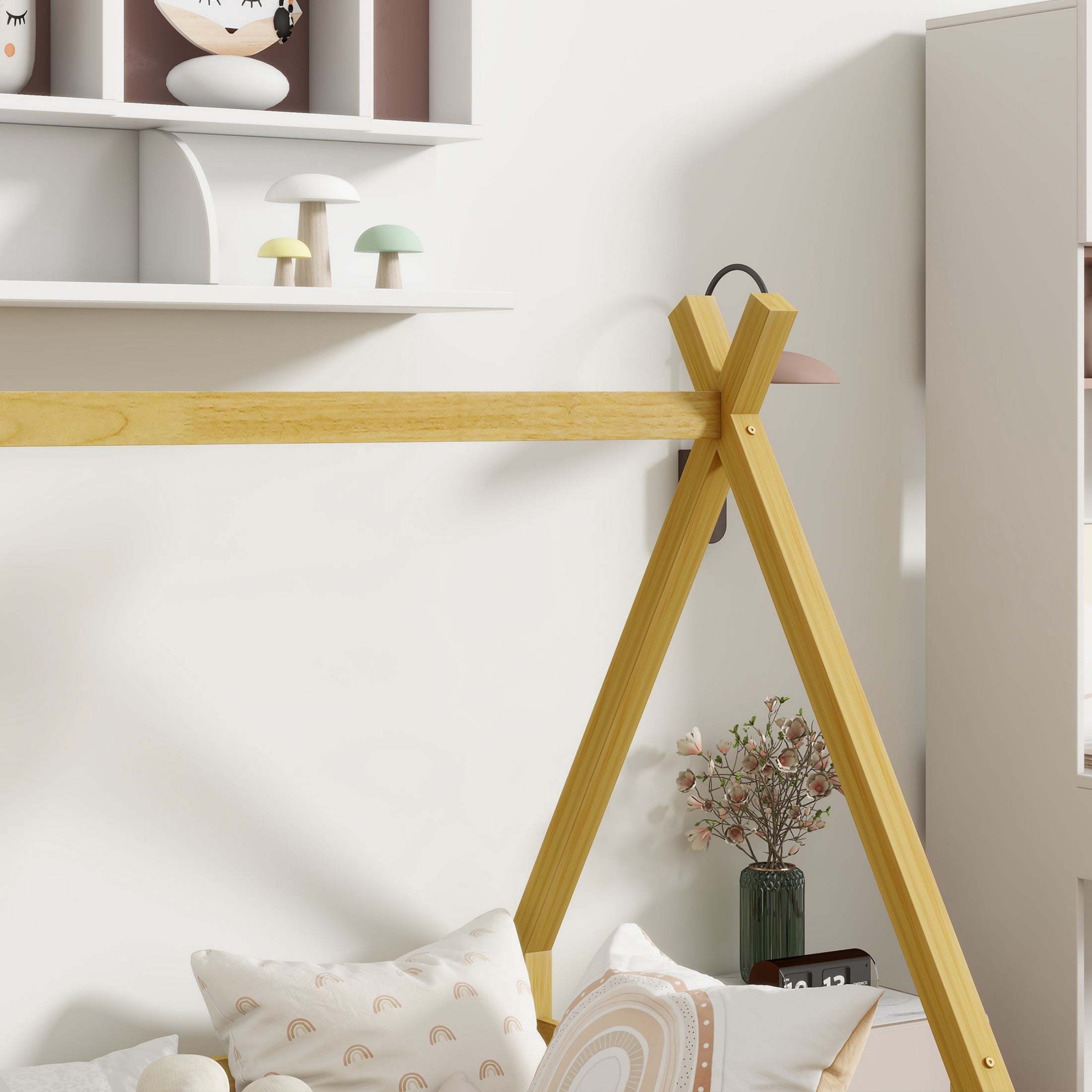 Alvantor Twin Size Montessori Bed for Kids, Teepee Tent Bed Frame with Guardrails and Slats, Natural