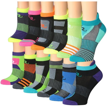 Ronnox Women's 12-Pairs Low Cut Running & Athletic Performance Tab Socks (X-Small/Small (womens shoe: 5 6 7), Sporty Stripes)
