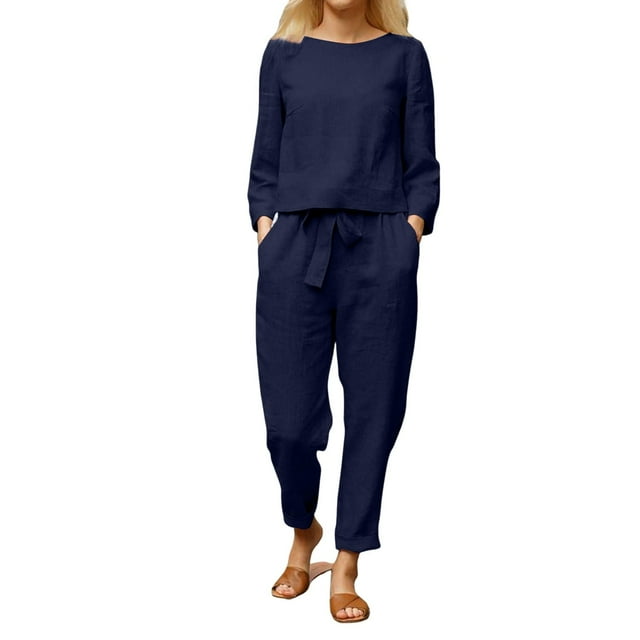 ManxiVoo Women's Long Sleeve Two Piece Set Comfortable Linen Blend Lounge Wear For Everyday L Size Blue