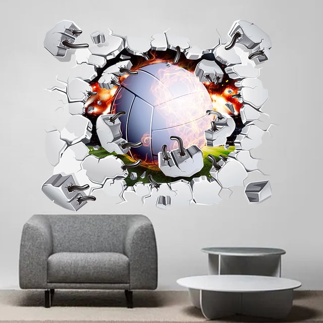 Adhesivos de pared con diseño de voleibol roto en 3D, 40 x 50 cm, PVC