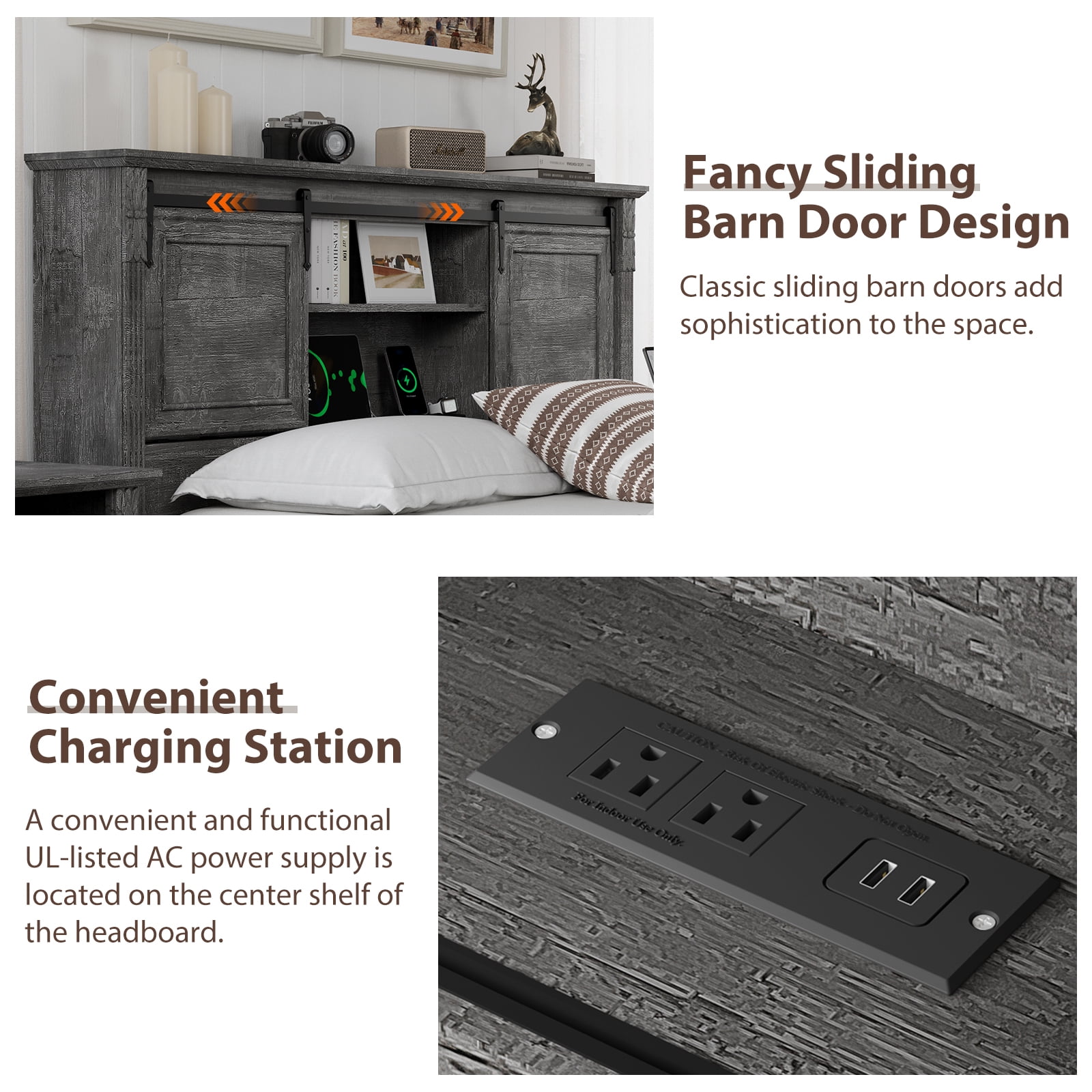BOSHIRO Queen Size Bed Frame with Charging Station, Farmhouse Headboard with Sliding Barn Doors and Storage, Platform Design with Bracket Footboard, Noiseless, No Box Spring Required, Grey