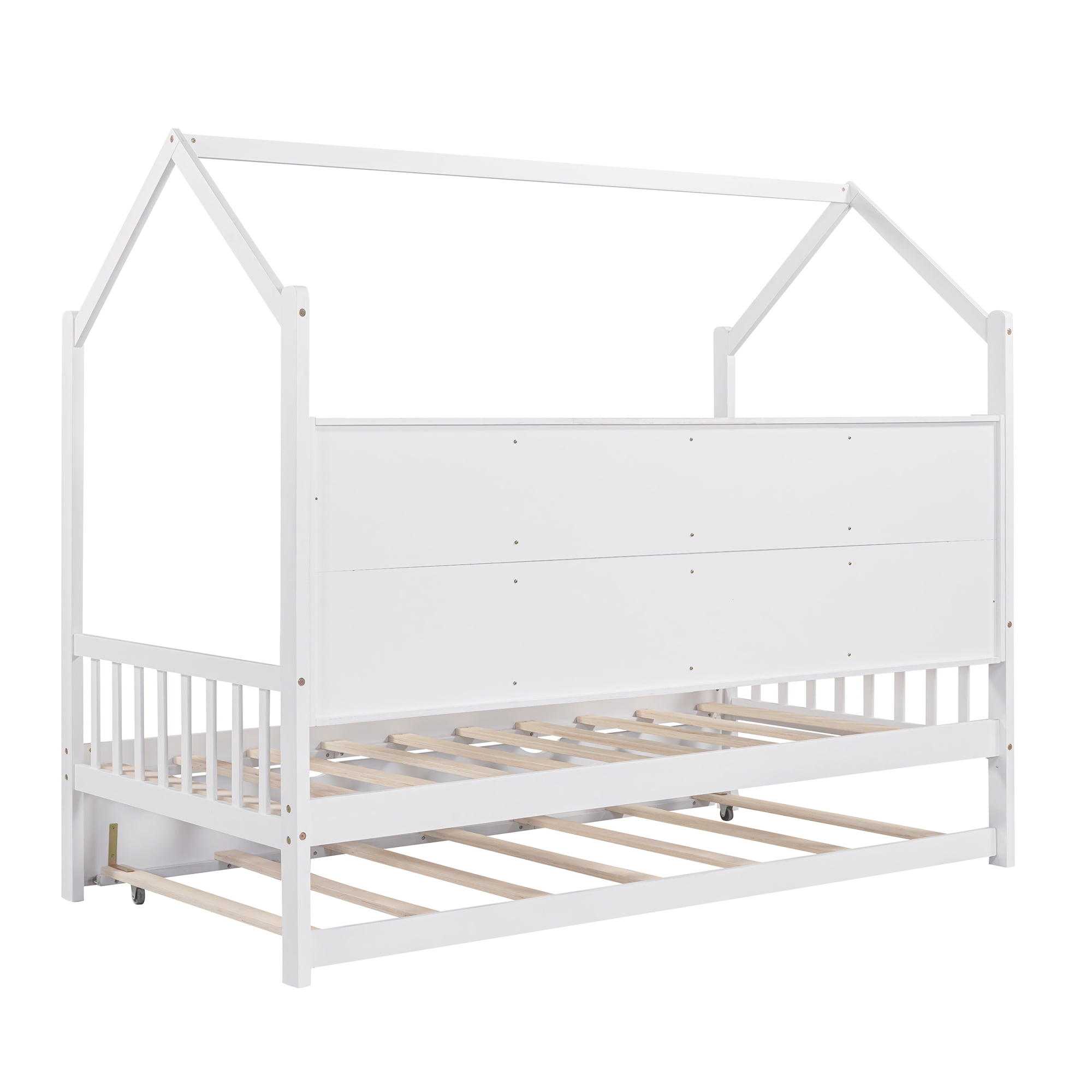 Aukfa House Bed with Trundle, Twin Platform Bed with Storage Shelves and Roof - White