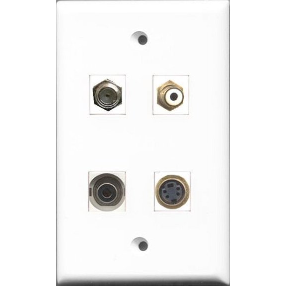 RiteAV 1 Port RCA White and 1 Port Coax Cable TV- F-Type and 1 Port S-Video and 1 Port 3.5mm Wall Plate